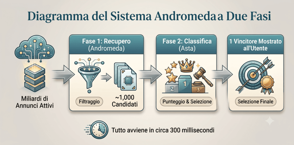 Le tre fasi di consegna di un annuncio con Andromeda Meta Ads: retrieval, ranking e asta