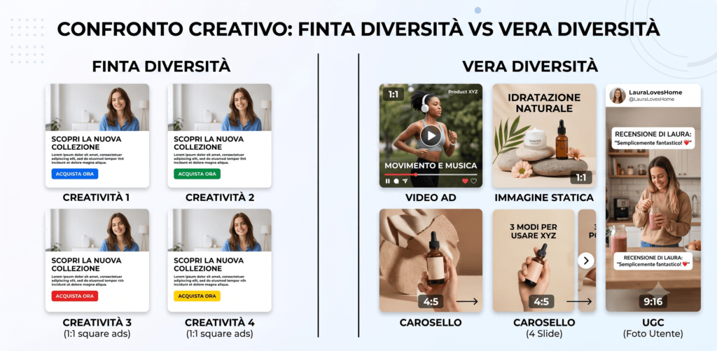 Differenza tra varianti creative superficiali e diversificazione creativa reale su Andromeda Meta Ads